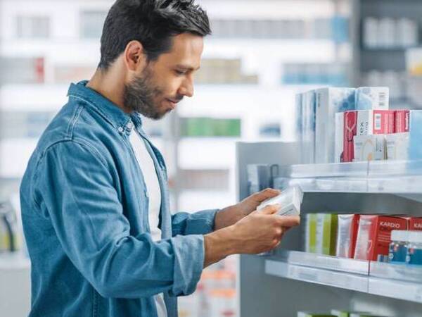 A young man reads the label of a over the counter pain medicine at a pharmacy.